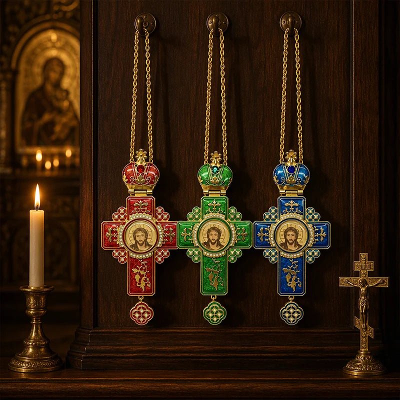 Byzantine Orthodox Wall Cross – Gold Plated Cloisonné Enamel Jesus Icon - Sylva