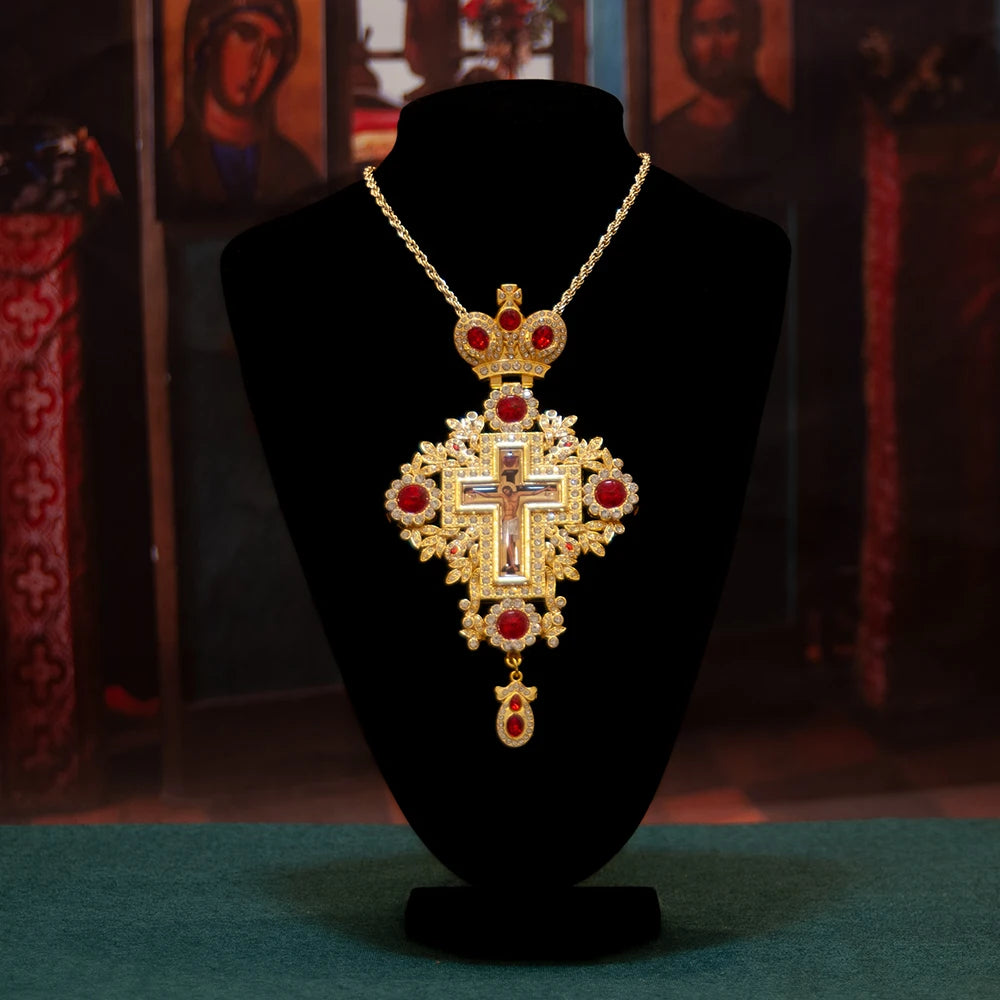 Greek Orthodox Bishop’s Pectoral Cross Necklace with Gemstones – Priest Ordination Religious Cross Pendant for Clergy, Church Ceremonies & Christian Gifts