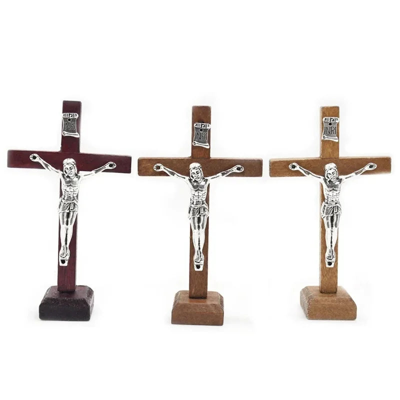 Wooden Catholic Standing Crucifix with Base – Jesus Cross Tabletop Decor
