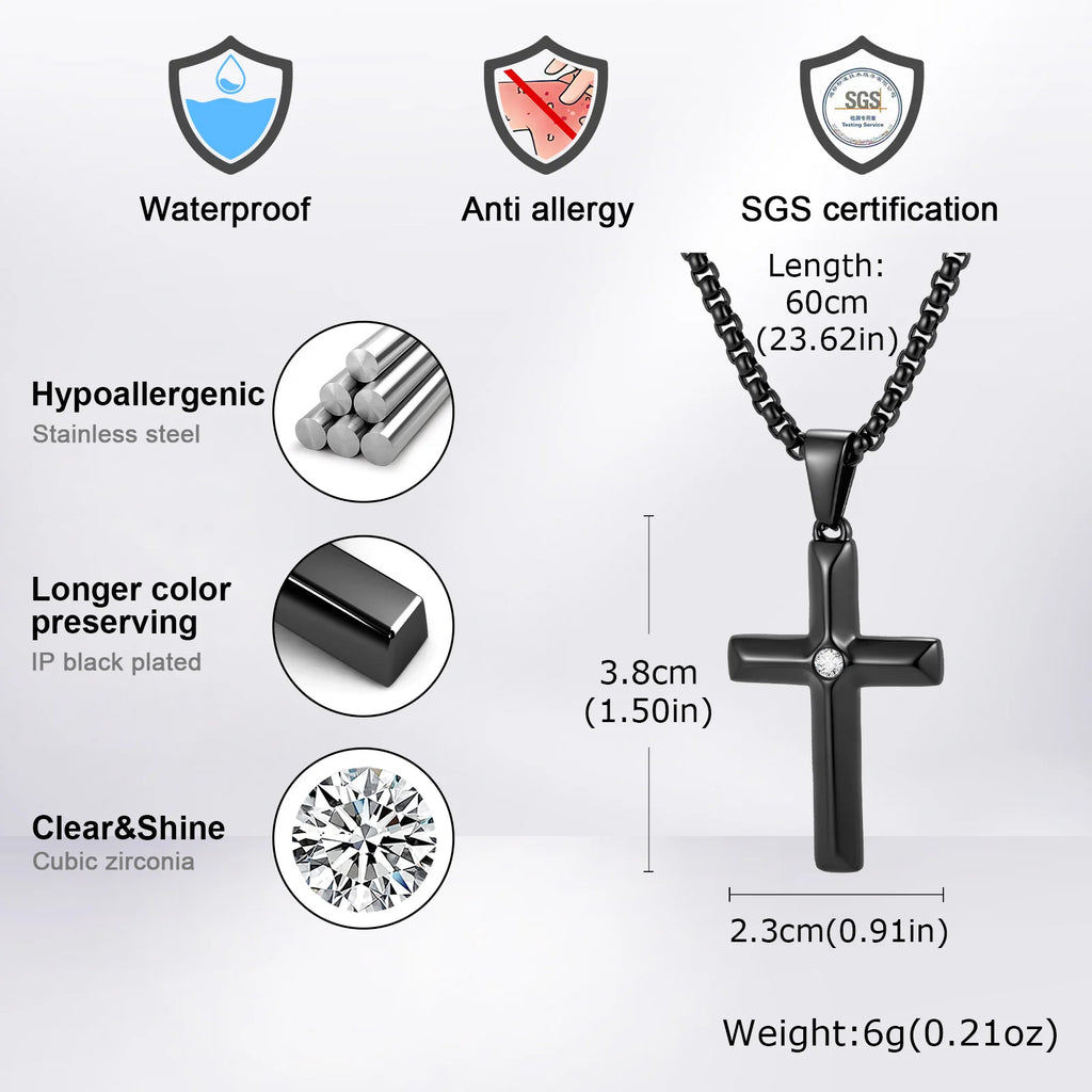 Men’s Black Stainless Steel Cross Necklace with Zircon - Sylva