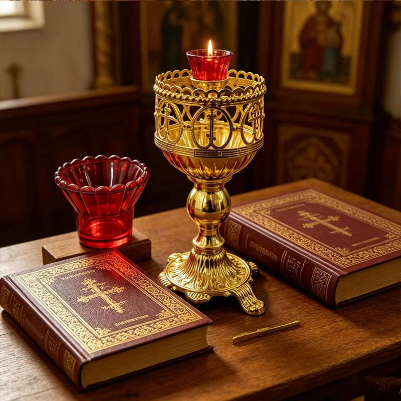 Vintage Gold-Plated Orthodox Candle Holder Set with Red Glass & Cross Design
