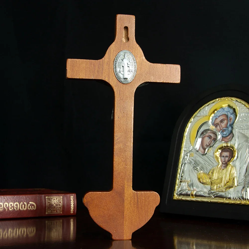 Catholic Saint Benedict Crucifix with Holy Water Font – Wooden Wall Cross
