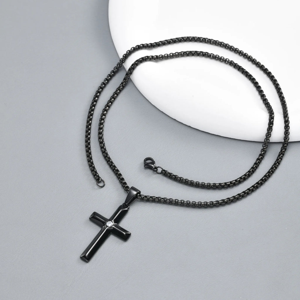 Men’s Black Stainless Steel Cross Necklace with Zircon - Sylva
