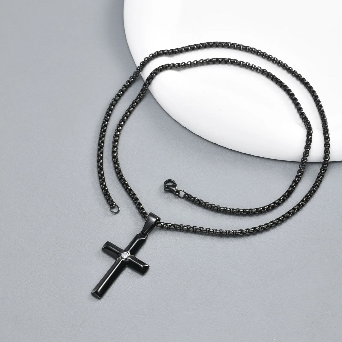 Men’s Black Stainless Steel Cross Necklace with Zircon - Sylva