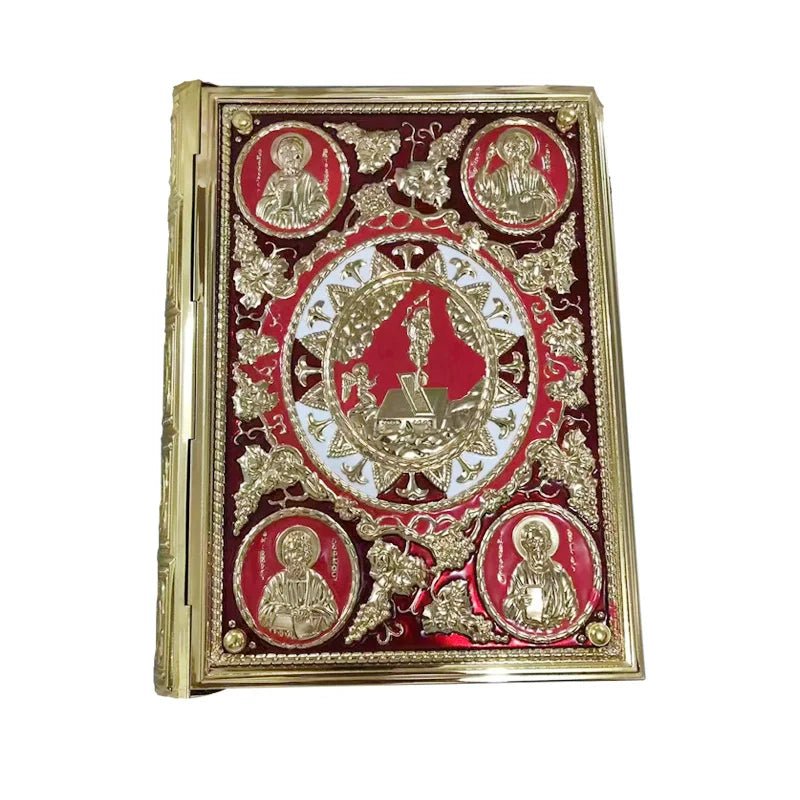 Gilded Orthodox Gospel Book Cover with Sacred Icons & Red Rhinestones - Sylva