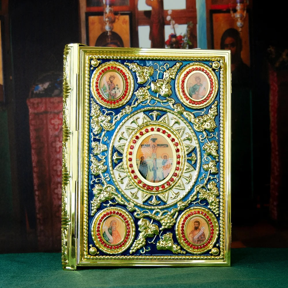 Gold Plated Orthodox Gospel Book Cover with Religious Icons – Bishop Holy Bible Cover