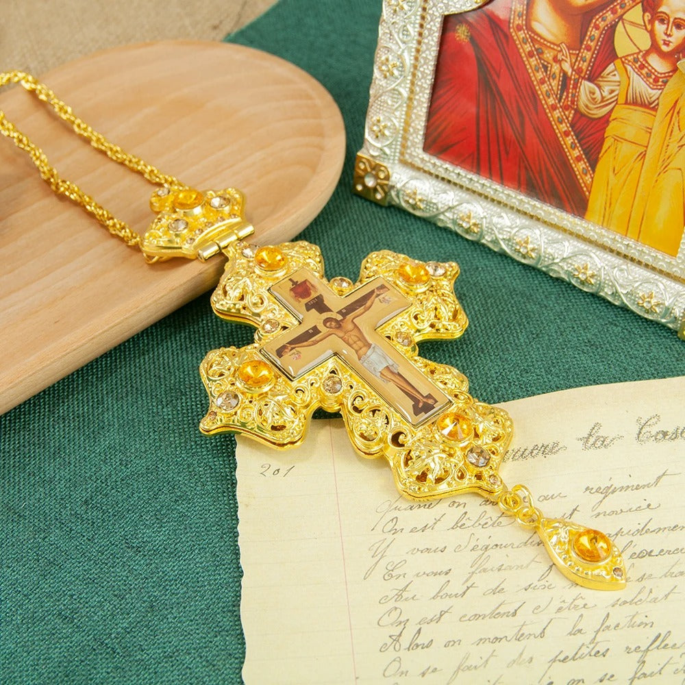 Luxury Orthodox Pectoral Cross Necklace – Gold Plated Crucifix with Crystal Accents