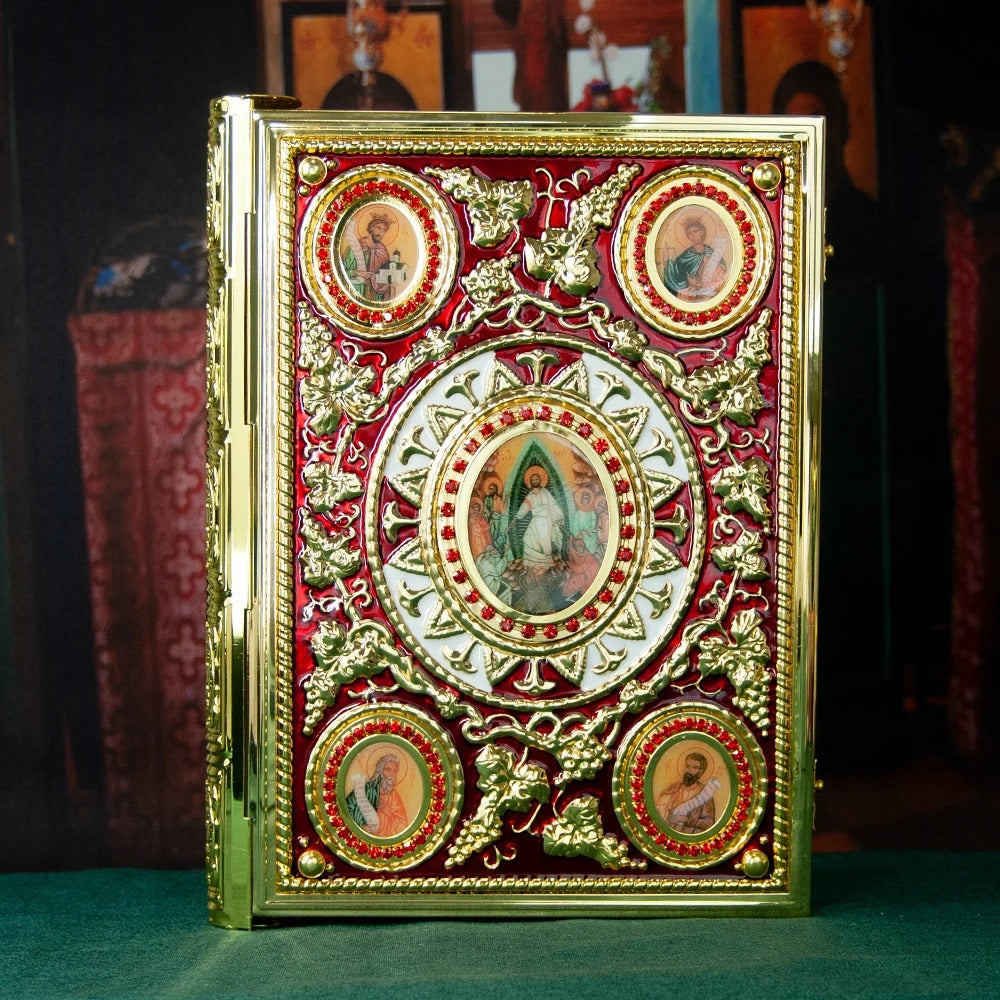 Gold Plated Orthodox Gospel Book Cover with Religious Icons – Bishop Holy Bible Cover