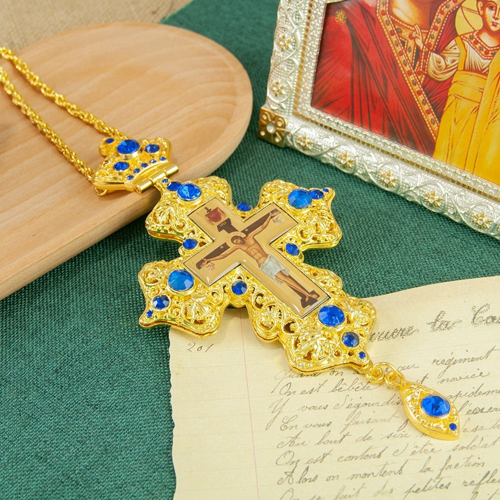 Luxury Orthodox Pectoral Cross Necklace – Gold Plated Crucifix with Crystal Accents