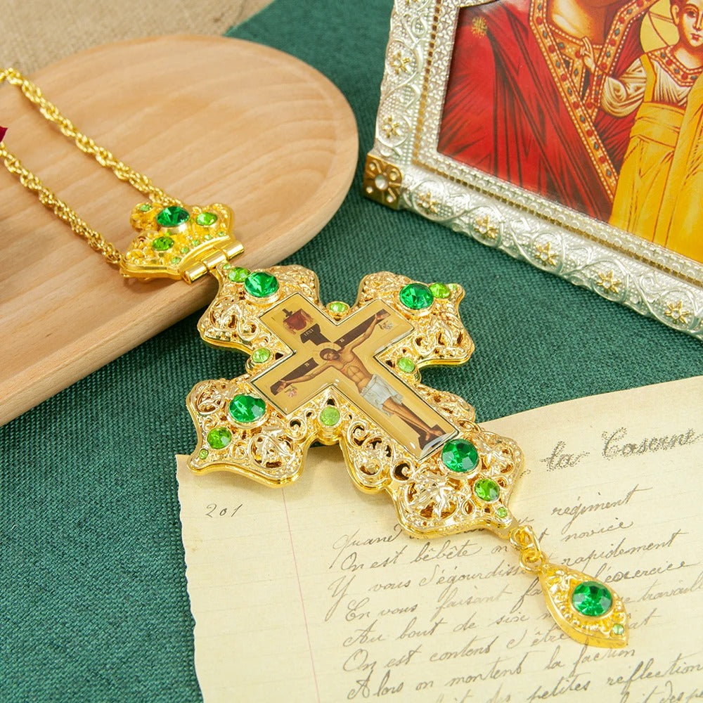 Luxury Orthodox Pectoral Cross Necklace – Gold Plated Crucifix with Crystal Accents