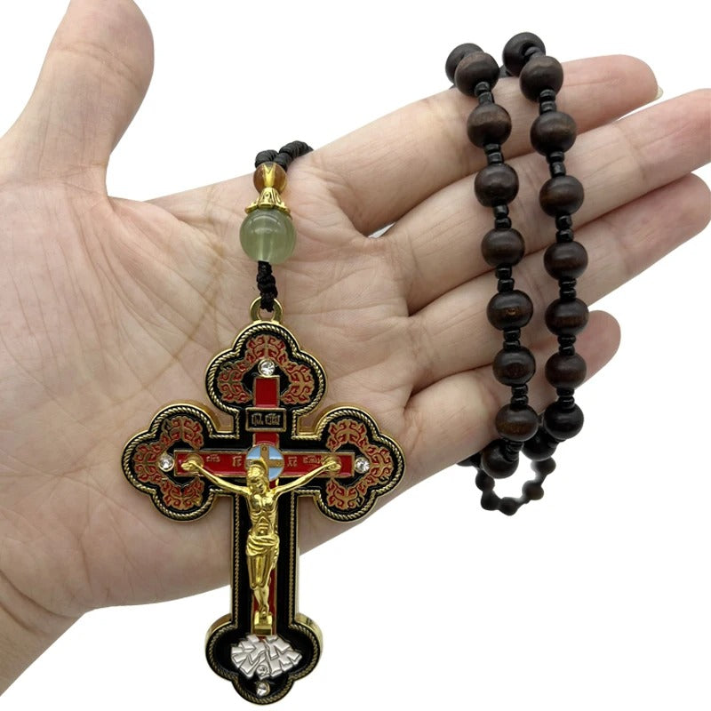 Orthodox Crucifix Necklace with Wooden Rosary Beads – Christian Prayer Jewelry