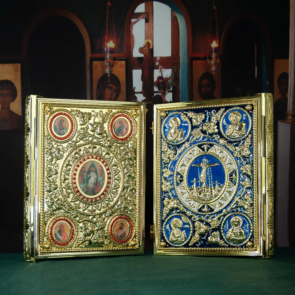 Gold Plated Orthodox Gospel Book Cover with Religious Icons – Bishop Holy Bible Cover