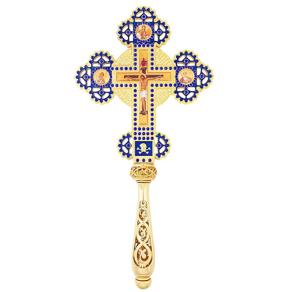 Orthodox Hand Cross with Blue Enamel & Gold Finish – Decorative Christian Blessing Cross
