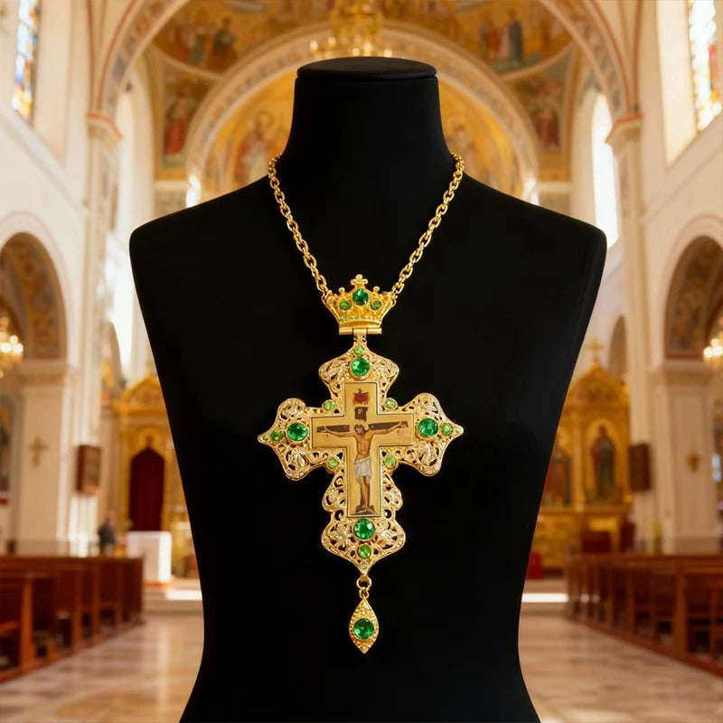 Luxury Orthodox Pectoral Cross Necklace – Gold Plated Crucifix with Crystal Accents