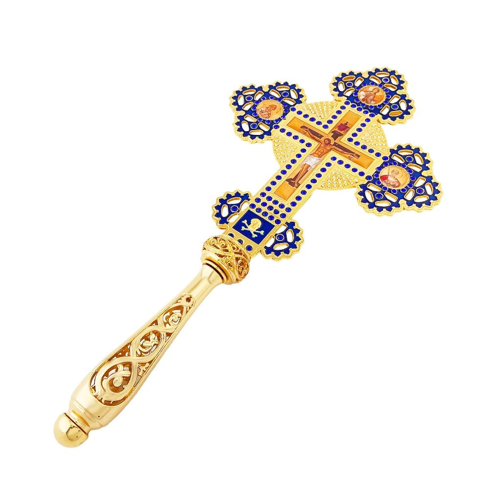 Orthodox Hand Cross with Blue Enamel & Gold Finish – Decorative Christian Blessing Cross
