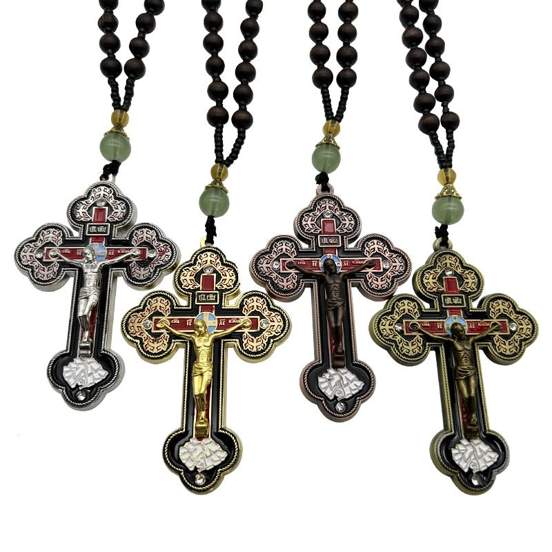 Orthodox Crucifix Necklace with Wooden Rosary Beads – Christian Prayer Jewelry