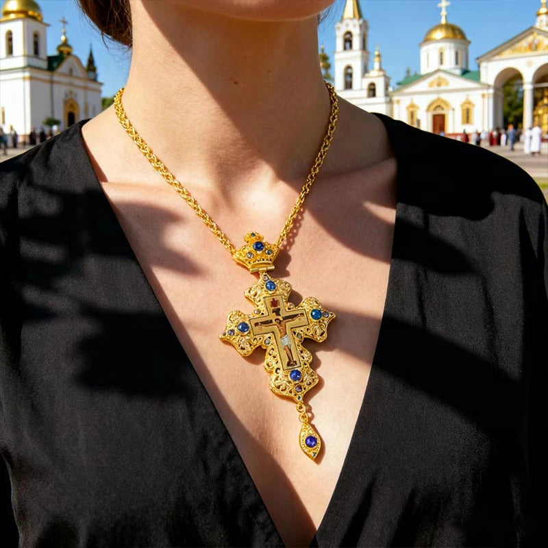 Luxury Orthodox Pectoral Cross Necklace – Gold Plated Crucifix with Crystal Accents