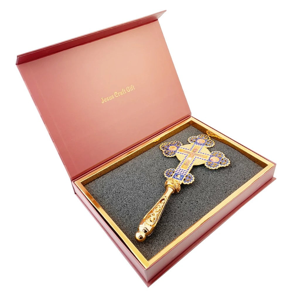 Orthodox Hand Cross with Blue Enamel & Gold Finish – Decorative Christian Blessing Cross