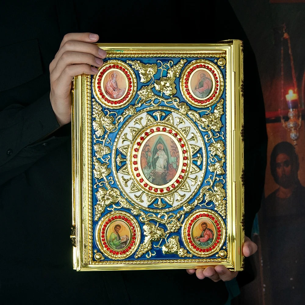 Gold Plated Orthodox Gospel Book Cover with Religious Icons – Bishop Holy Bible Cover
