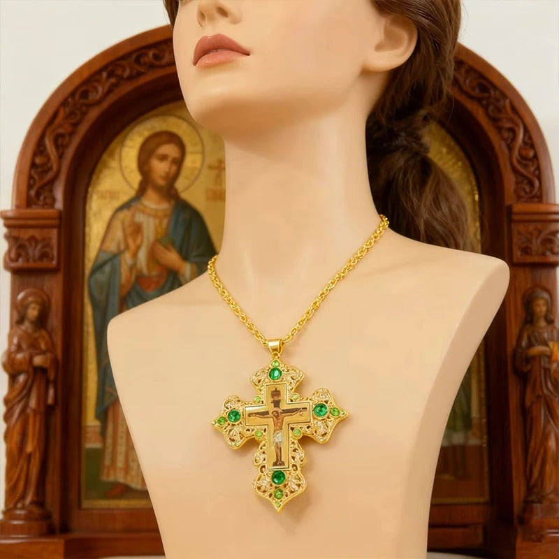 Luxury Orthodox Pectoral Cross Necklace – Gold Plated Crucifix with Crystal Accents