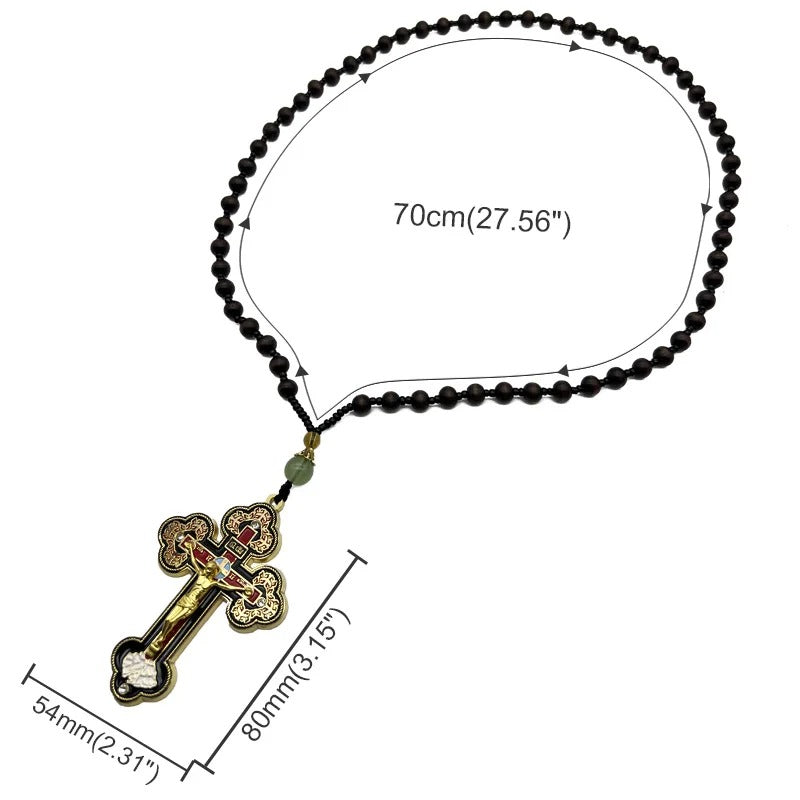 Orthodox Crucifix Necklace with Wooden Rosary Beads – Christian Prayer Jewelry