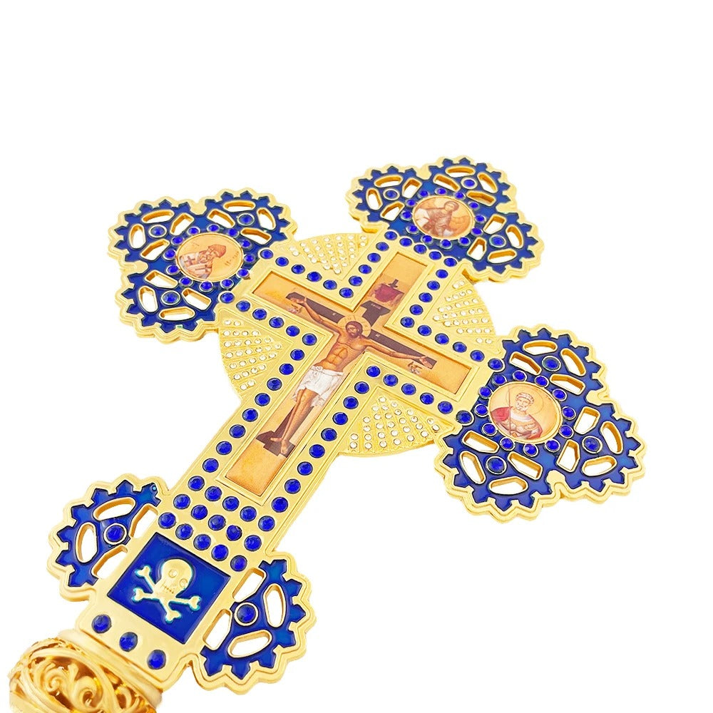Orthodox Hand Cross with Blue Enamel & Gold Finish – Decorative Christian Blessing Cross