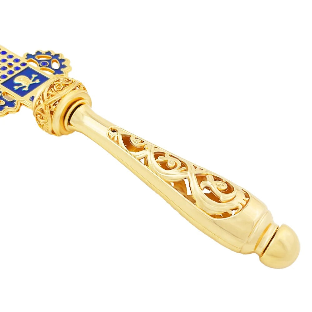 Orthodox Hand Cross with Blue Enamel & Gold Finish – Decorative Christian Blessing Cross