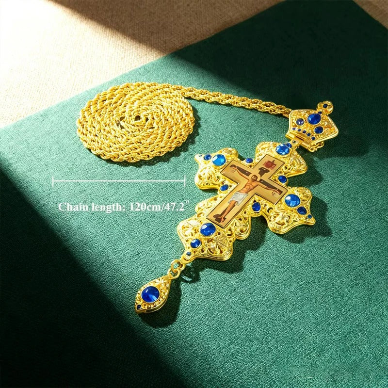 Luxury Orthodox Pectoral Cross Necklace – Gold Plated Crucifix with Crystal Accents