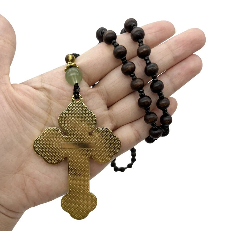 Orthodox Crucifix Necklace with Wooden Rosary Beads – Christian Prayer Jewelry