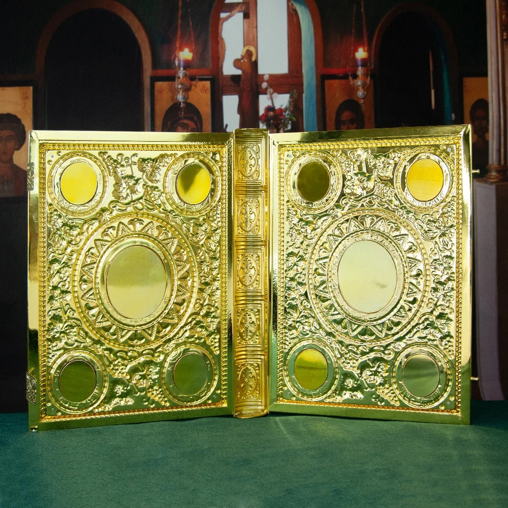 Gold Plated Orthodox Gospel Book Cover with Religious Icons – Bishop Holy Bible Cover