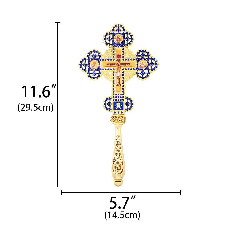 Orthodox Hand Cross with Blue Enamel & Gold Finish – Decorative Christian Blessing Cross