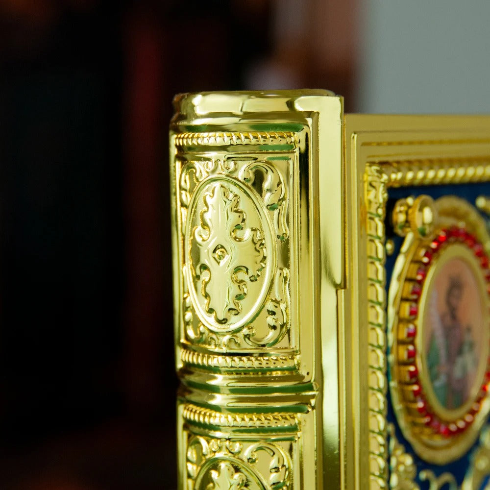 Gold Plated Orthodox Gospel Book Cover with Religious Icons – Bishop Holy Bible Cover