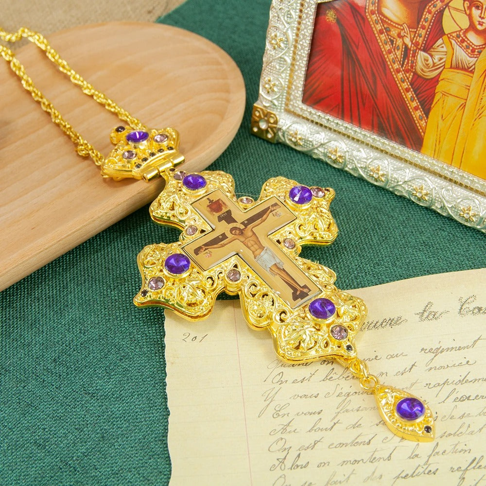 Luxury Orthodox Pectoral Cross Necklace – Gold Plated Crucifix with Crystal Accents