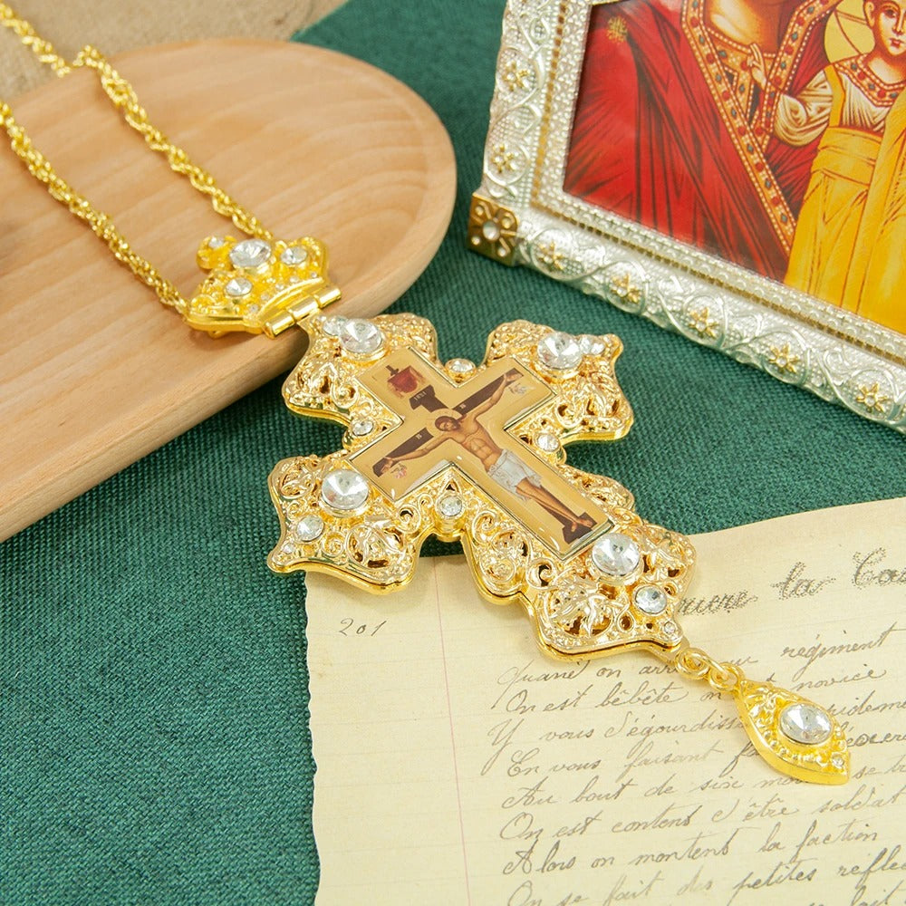 Luxury Orthodox Pectoral Cross Necklace – Gold Plated Crucifix with Crystal Accents