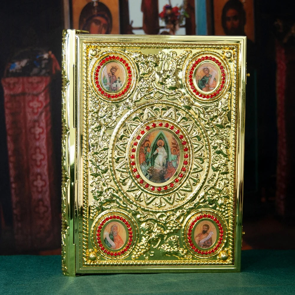 Gold Plated Orthodox Gospel Book Cover with Religious Icons – Bishop Holy Bible Cover