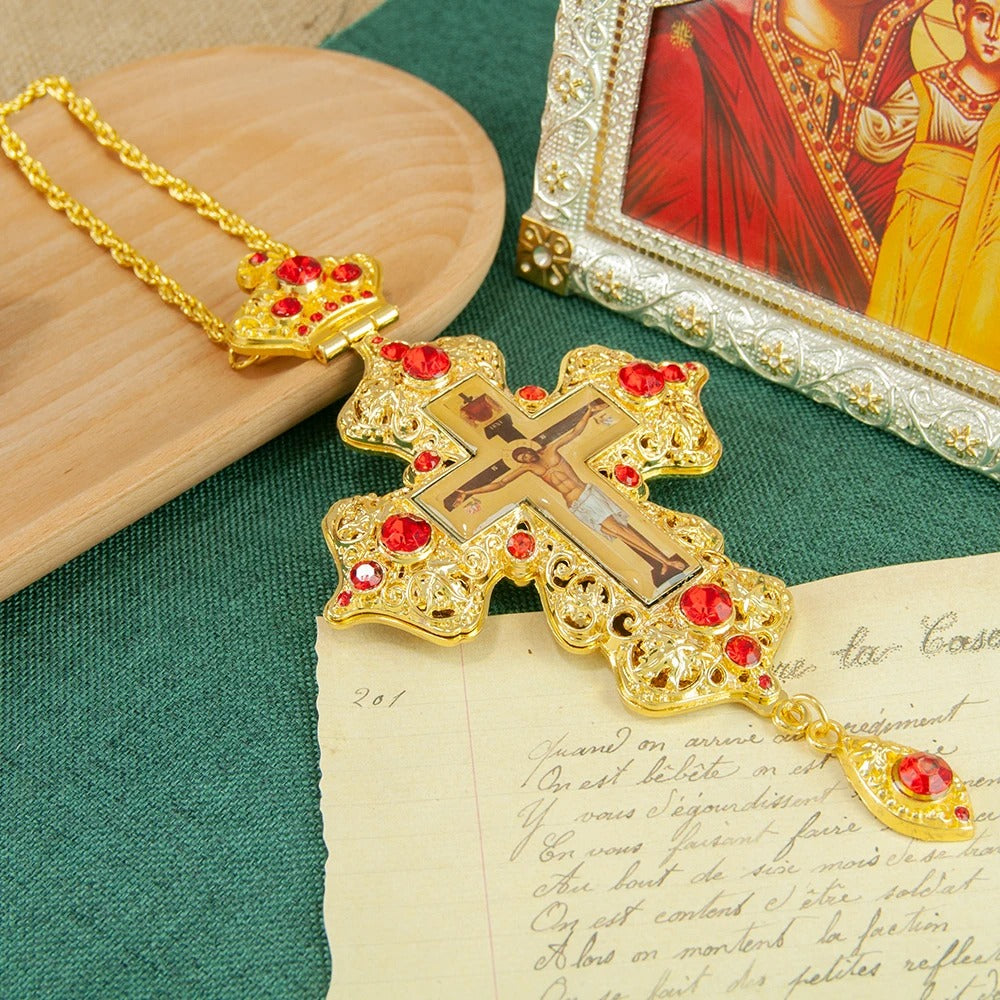 Luxury Orthodox Pectoral Cross Necklace – Gold Plated Crucifix with Crystal Accents