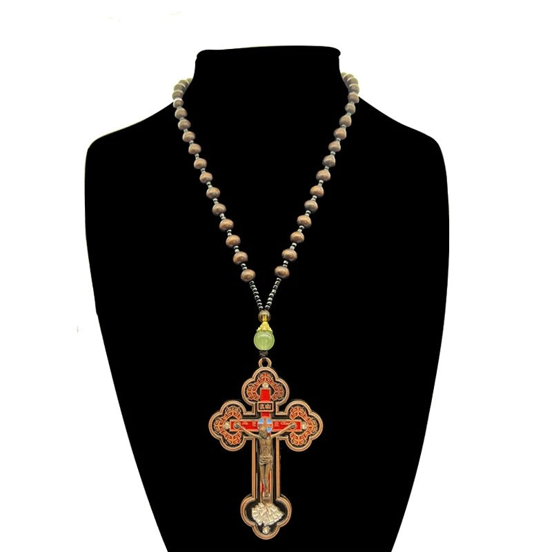 Orthodox Crucifix Necklace with Wooden Rosary Beads – Christian Prayer Jewelry