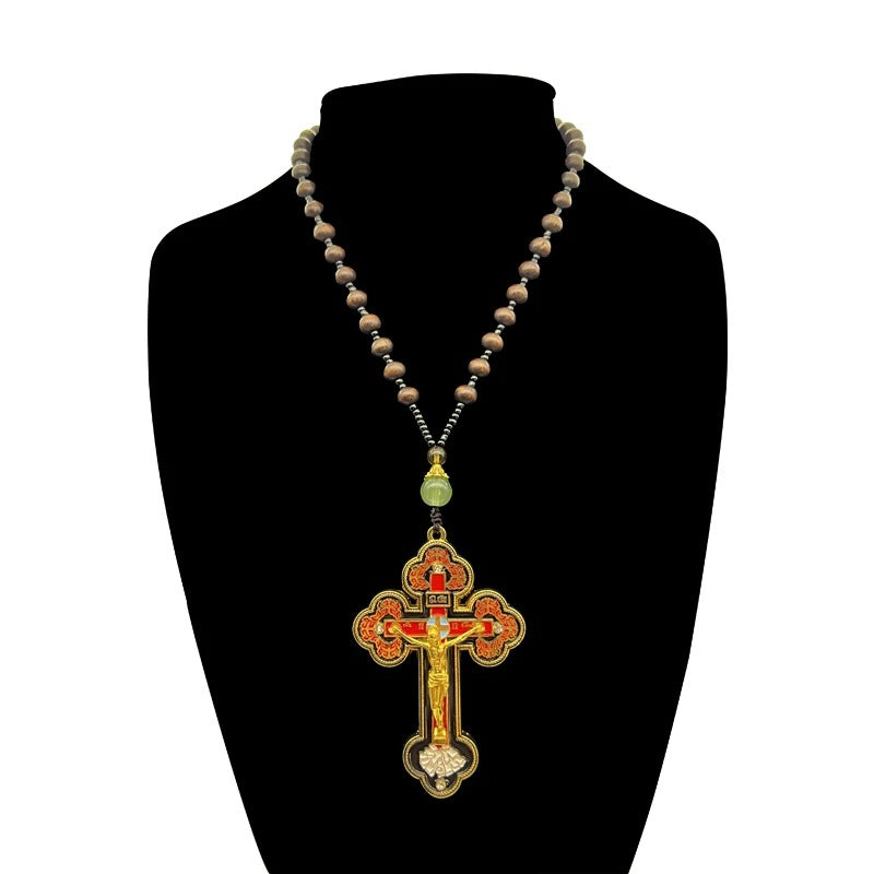 Orthodox Crucifix Necklace with Wooden Rosary Beads – Christian Prayer Jewelry