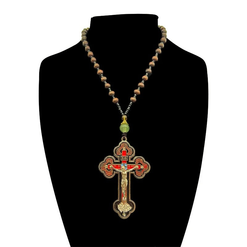 Orthodox Crucifix Necklace with Wooden Rosary Beads – Christian Prayer Jewelry