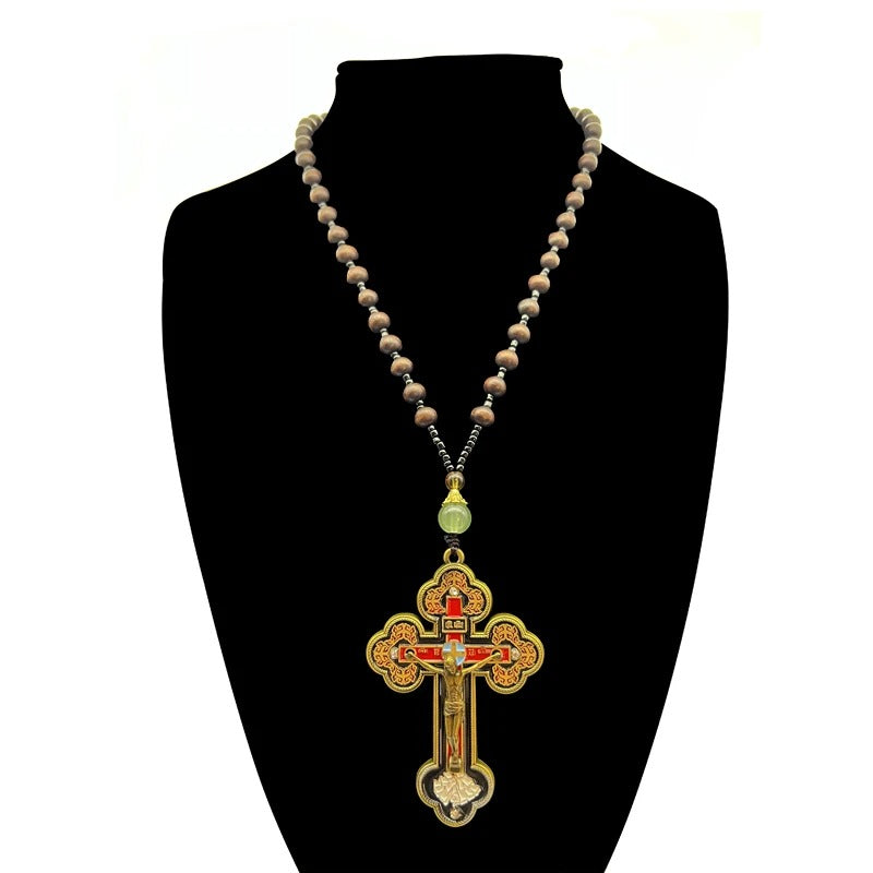 Orthodox Crucifix Necklace with Wooden Rosary Beads – Christian Prayer Jewelry